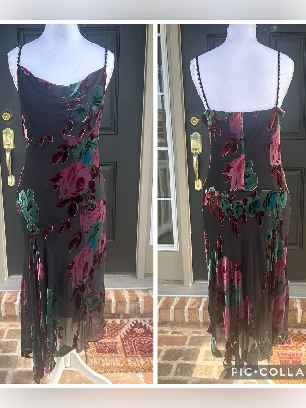 Vintage 90s Y2K black velvet burnout floral slip dress beaded straps whimsygoth